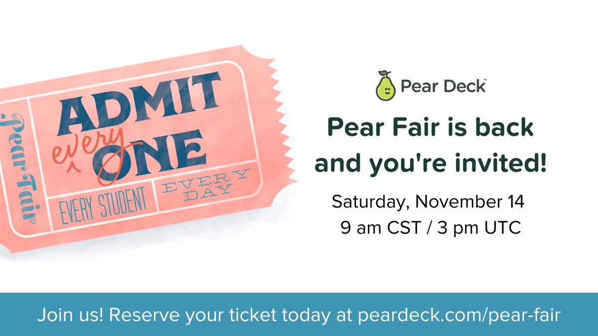 PearDeck's tweet photo. ✨ The fair is back in town! ✨ 

By popular request, #PearFairPD is returning with more free professional development! Join us virtually on Sat., Nov. 14, for a day of learning and fun. 🎡🎟

Get a sneak peek of presenters and register here 👉 https://t.co/gXGXE40wuO https://t.co/lqxh3H3Yk9