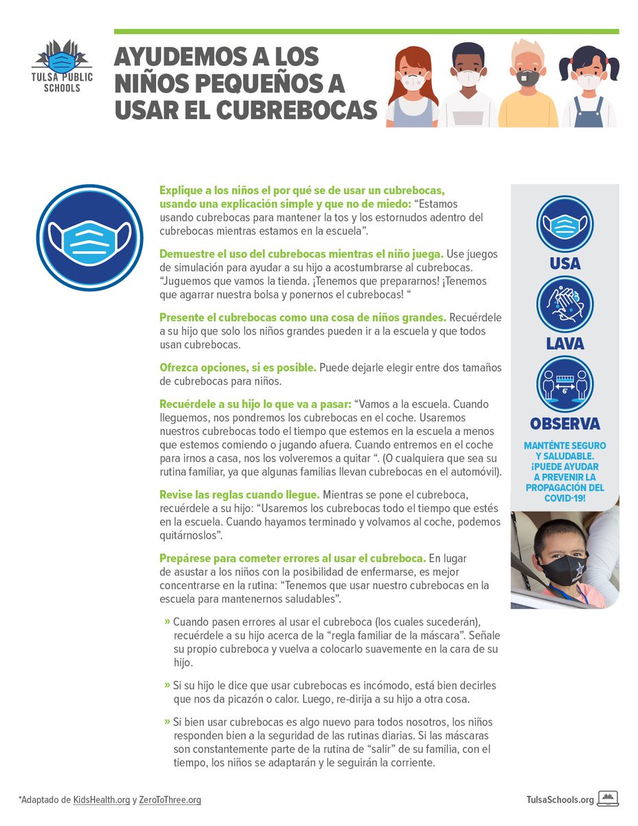 TulsaSchools's tweet photo. Hey families! Here are some tips to help your child adjust to wearing a mask:

¡Hola familias! Aquí te ofrecemos algunos consejos para ayudar a tu hijo a adaptarse al uso del cubrebocas: https://t.co/zuE54giUHq