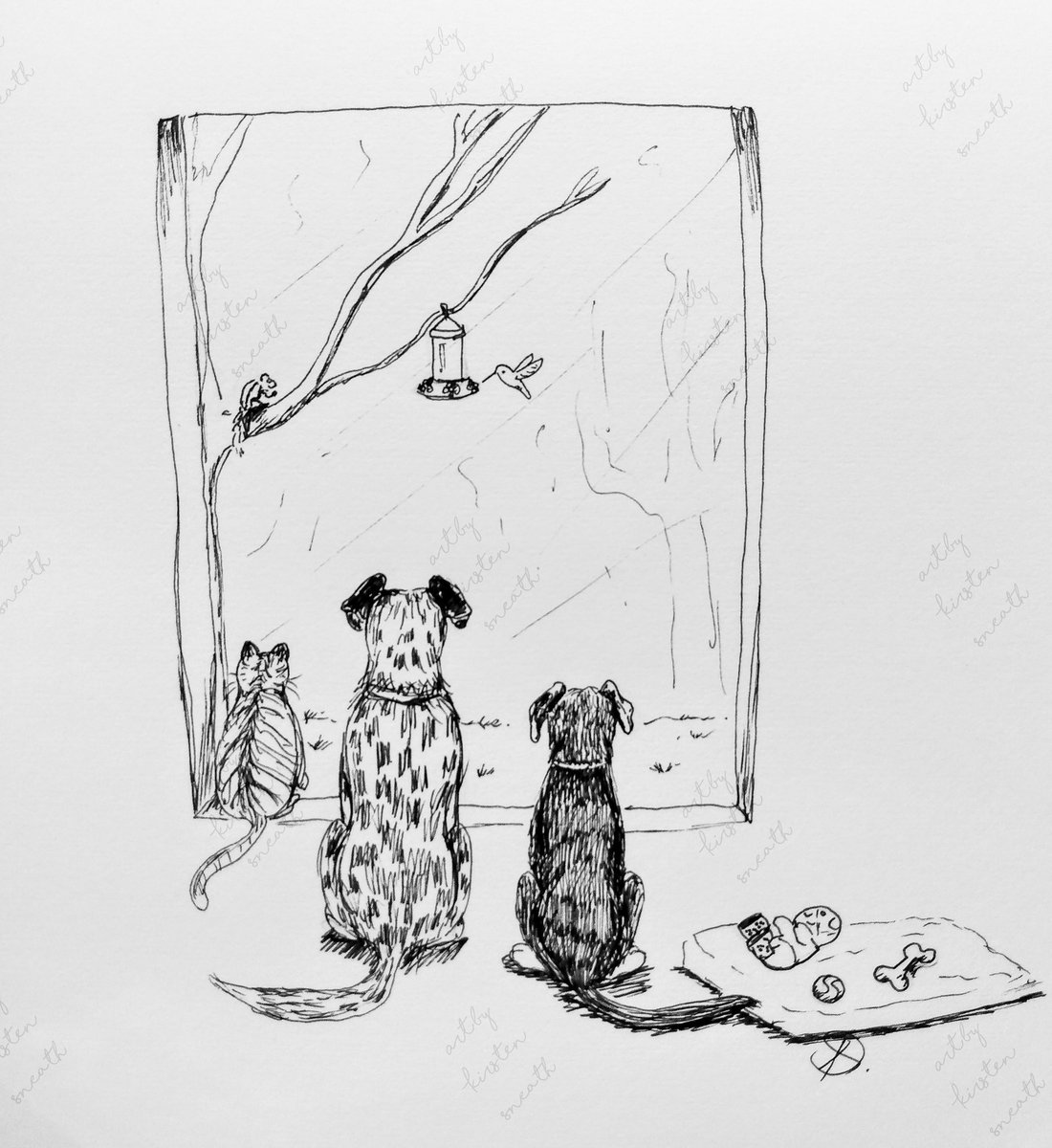 ksneathart's tweet photo. Day 25 #Inktober prompt #Buddy  #hummingbirdseries #buddies #furryfriends #buddiespastandpresent #friendsforever🐶🐶🐱 https://t.co/aWSxHoRXKF