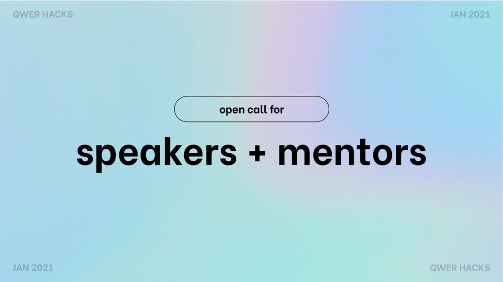 come be a speaker, workshop leader, and/or mentor at qwer hacks 👉👈we aim to bring visibility to &amp; showcase the excellence of queer + trans (esp non-binary) POC in tech. if you identify with this community, we would love to have you join us! DM us to get involved 🤠🎉🌟✨