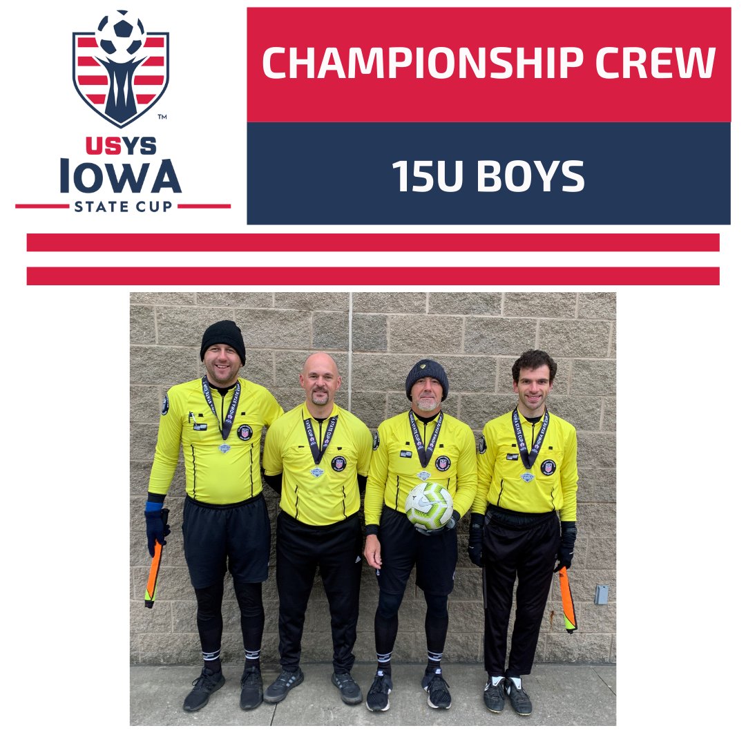 IowaSoccer's tweet photo. Congratulations to our 15U Boys Iowa State Cup Official Crew - Amos Purcell, Blaise Rothwell, Haris Mujic, Thom Horton #iowasoccer #IAStateCup #usys #statecup #refereepathway #roadtoAZ https://t.co/0cVptkcfx8
