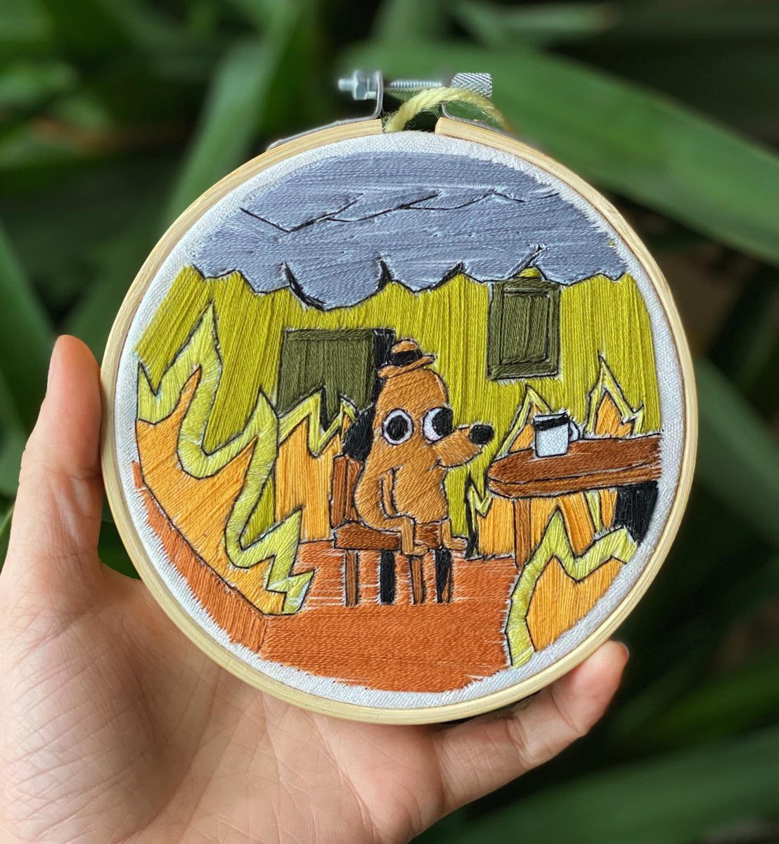 JennyTierney's tweet photo. My daughter captured #2020 perfectly #embroidering this #meme #thisIsFine #FireEverywhere @TimTierney https://t.co/txu70tgK2x