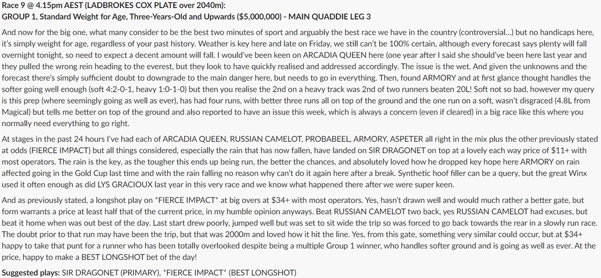 PuntingDungeon's tweet photo. Our @CoxPlate summary as it read for followers below. Didn't declare this year's winner as early as last year with LYS GRACIEUX but once the rain arrived, there was only one runner I wanted to be on. Synthetic hoof filler does it again! #SpringRacing #HorseRacing #HorseRacingTips https://t.co/YGFUPq1Vhc