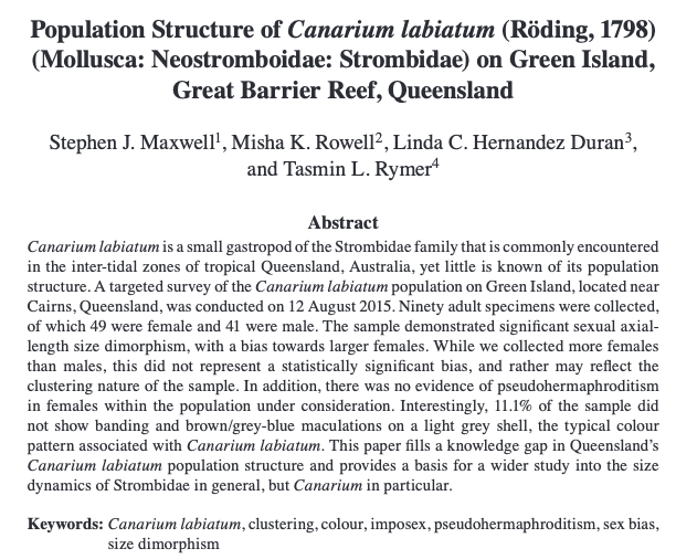 misharowell's tweet photo. Our first lab group paper got published over the weekend 🎉#greatbarrierreef #strombus #shells #mollusc #gastropod #population #dynamics https://t.co/uobUsXK8RV