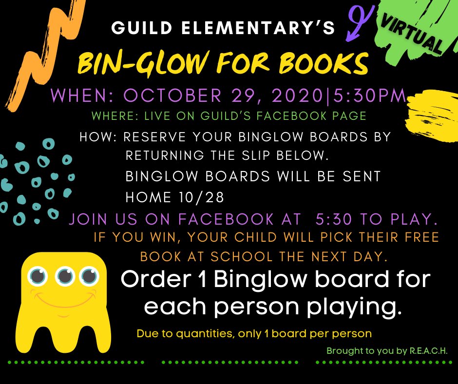 GuildElementary's tweet photo. We just canβt wait for our first ever, Virtual Binglow for Books! Gators, be sure to return your BINGO BOARD order forms ASAP. Binglow at home kits will be sent home 10/28. Thank you @ReachGes for hosting this fun-filled family event! #GESStrong #familyengagement https://t.co/z20CMFezof