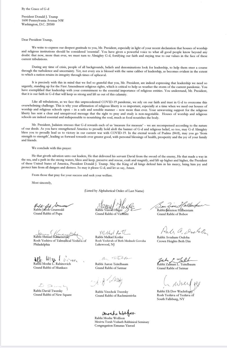 OJCRRT's tweet photo. New: an extremely rare letter of deep gratitude to President Trump in light of his declaration that houses of warship are essential, signed by many prominent Rabbis.

Just to be clear, this isn't an endorsement. Rabbis always were and remain neutral and bipartisan to politics. https://t.co/inBXgwPjFC