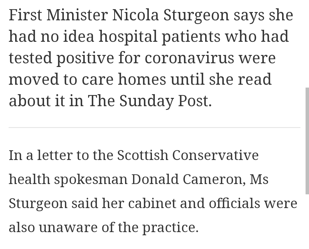 Looking at the wording of the First Minister's letter, though... there is plenty of wiggle room for the FM to argue that her letter does not say she had no idea. It talks about ministers/officials not having "information on the results of Covid-19 tests prior to discharge..."