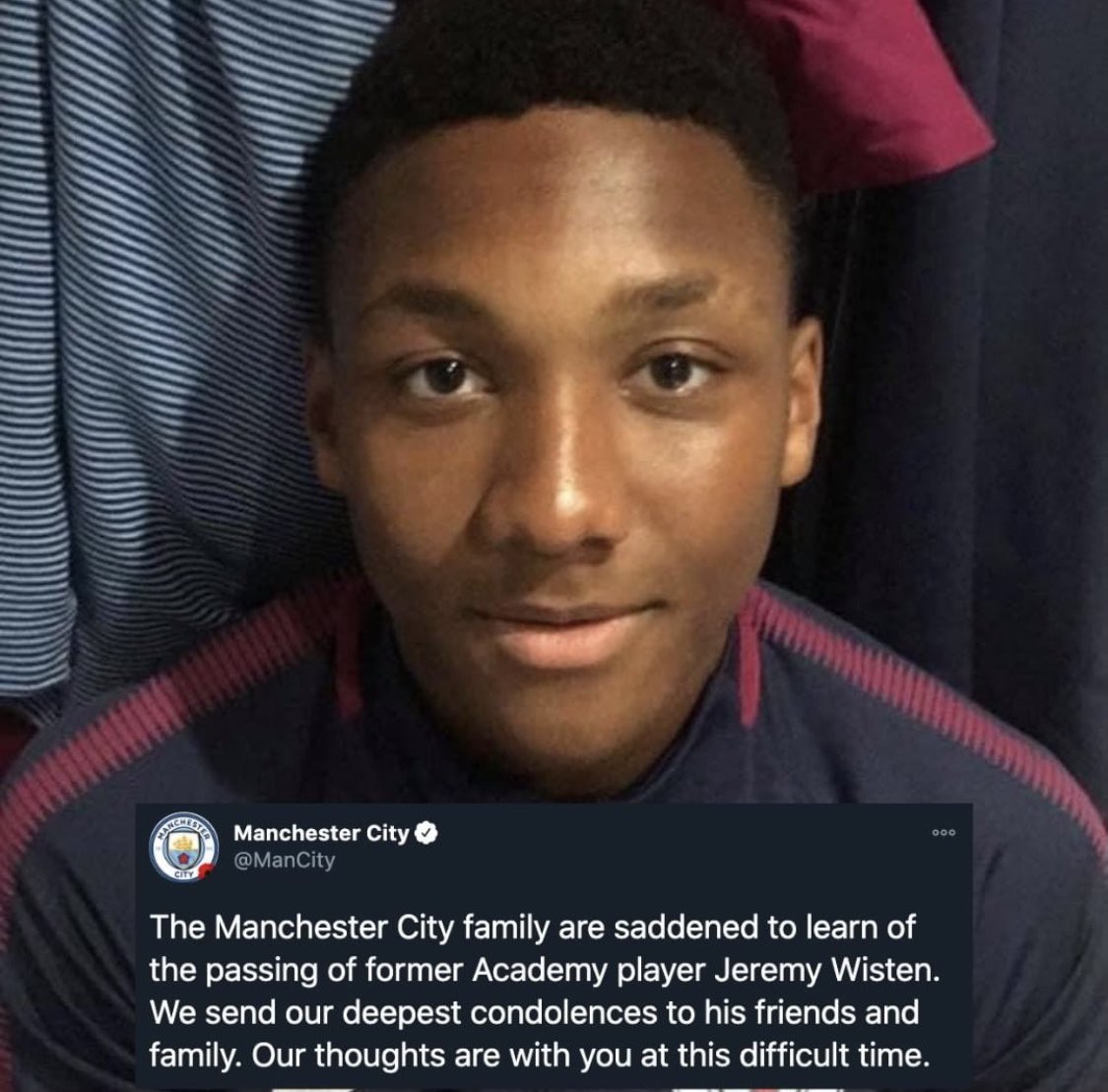 sportbible's tweet photo. Our thoughts are with the family and friends of former Manchester City academy player Jeremy Wisten, who has sadly passed away. Rest in peace. 💙 https://t.co/qL3BDWCGJp