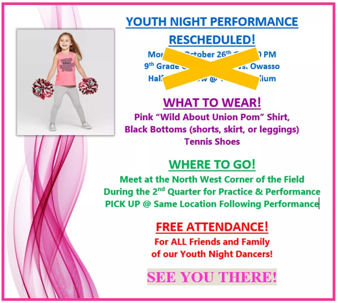 UnionPom's tweet image. Oklahoma weather is at it again.  ☺️  Tomorrow night's Youth Night has been RESCHEDULED to this Thursday night's game!  Arrive by 6:45pm for a short practice before our PreGame show!  Please check emails for all the information.