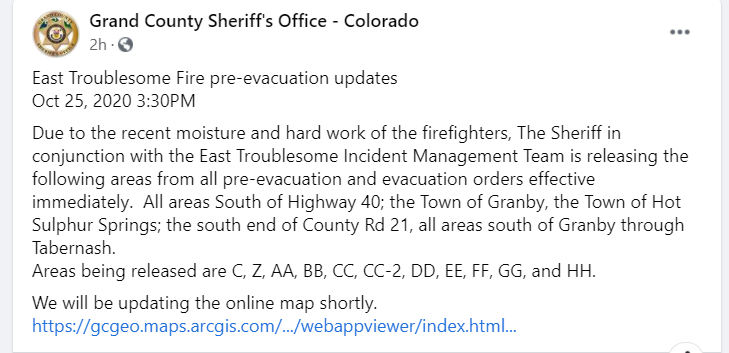 CEDRdigital's tweet photo. Evacaution Change #GrandCO #EastTroublesomeFire Grand Zone
Pre evacaution warnings & evacaution orders lifted for Areas C, Z, AA, BB, CC, CC-2, DD, EE, FF, GG, and HH
Map: https://t.co/Hd9UiuEfFG https://t.co/nAK7qTeiA3
