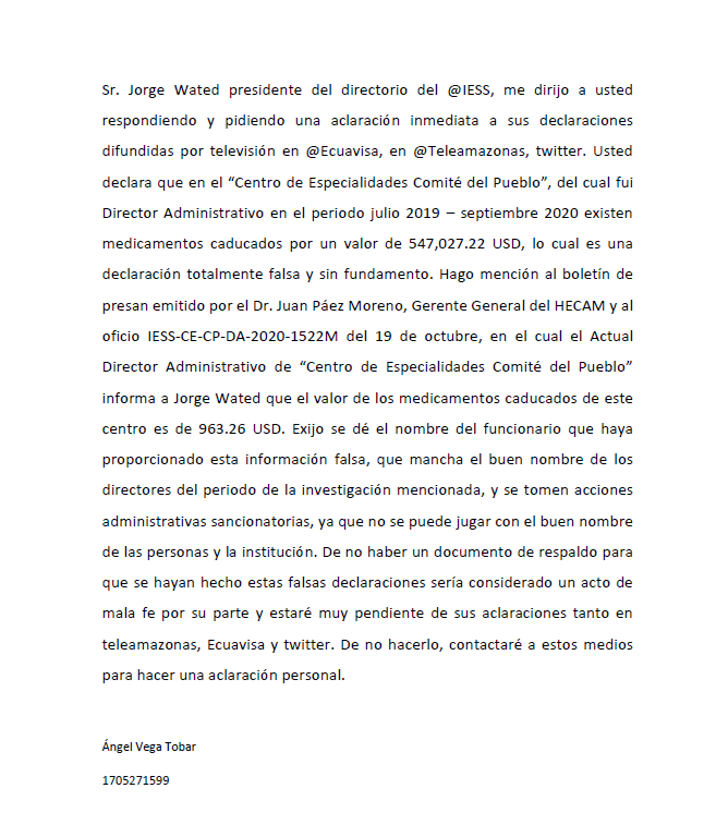 avegato8's tweet photo. @JorgeWated @IESSec Sr. Jorge Wated presidente del directorio del @IESS, me dirijo a usted respondiendo y pidiendo una aclaración inmediata a sus declaraciones difundidas por televisión en @Ecuavisa, en @Teleamazonas, twitter. https://t.co/CoRjb0Qu0x