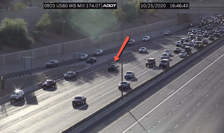 Arizona DOT (@ArizonaDOT) on Twitter photo 25/10/2020 23:49:51 US 60 eastbound at Mill: A crash is blocking the right lanes. #phxtraffic #US60 US 60 eastbound at Mill: A crash is blocking the right lanes. #phxtraffic #US60
