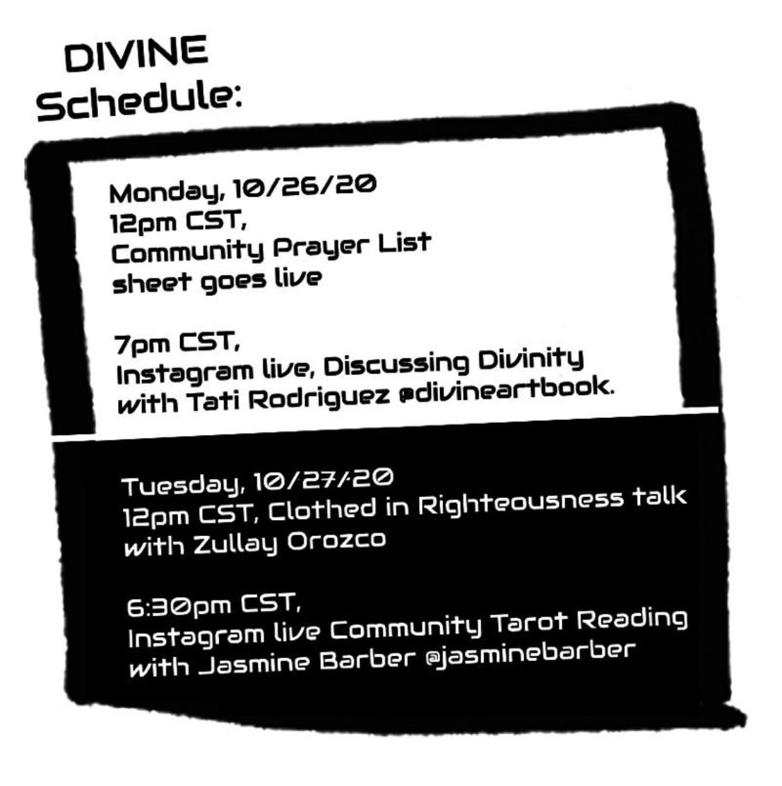 Here’s our schedule! Our programming will start tomorrow. At noon CDT, our community prayer list goes live! (You can start filling it out now. The link is in our bio! This is open to all faiths and spiritual practices.)