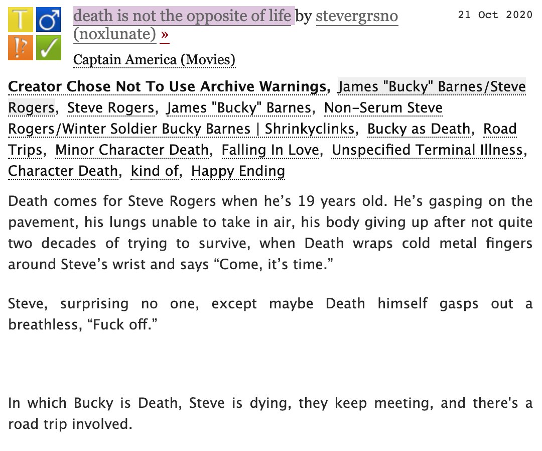 14. death is not the opposite of life | 7.1k | My most recent fic where Bucky is Death! https://archiveofourown.org/works/27137227 