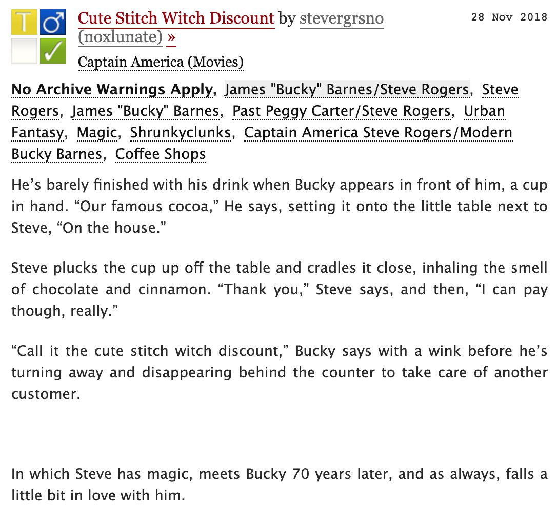 7. Cute Stitch Witch Discount | 3k | Shrunkyclunks where Steve is a stitch witch and Bucky's the barista he has a crush on.  https://archiveofourown.org/works/16773175 