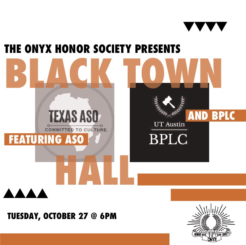 TUESDAY (10/27)Don’t miss our first ever Black Town Hall featuring  @Texas_ASO and  @UTBPLC!!!Got a topic you want discussed? Fill out the form below to let us know  https://forms.gle/cUA27KkwEkhMsQ7r9
