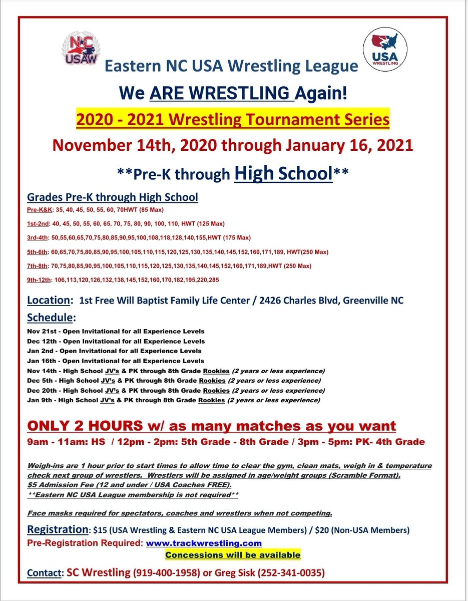 pgvTitans's tweet photo. We ARE WRESTLING Again!
Exciting announcement of a tournament series for NC  High School to Pre-K wrestlers! Nov 14th, 2020 through Jan 16th 2021. All the matches you want in a 2 hour time slot. $15 for USA &amp; Eastern NC USA Wrestling League members &amp; $20 for non-members. https://t.co/mqReNgLWkI