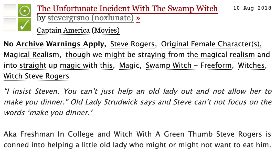 1.5. The Unfortunate Incident With The Swamp Witch | 1.3k | The prequel to It's A Kind of Magic where Steve nearly gets eaten by someone strongly implied to be Baba Yaga  https://archiveofourown.org/works/15643560 