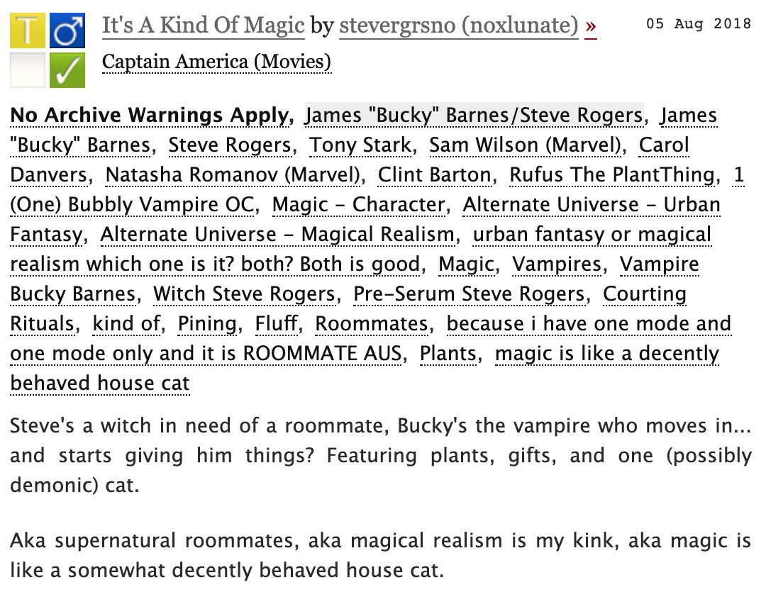 1. It's A Kind Of Magic | 6.6k | Ft. Witch Steve, Vampire Bucky, a magical plant, And They Were Roommates https://archiveofourown.org/works/15572856 