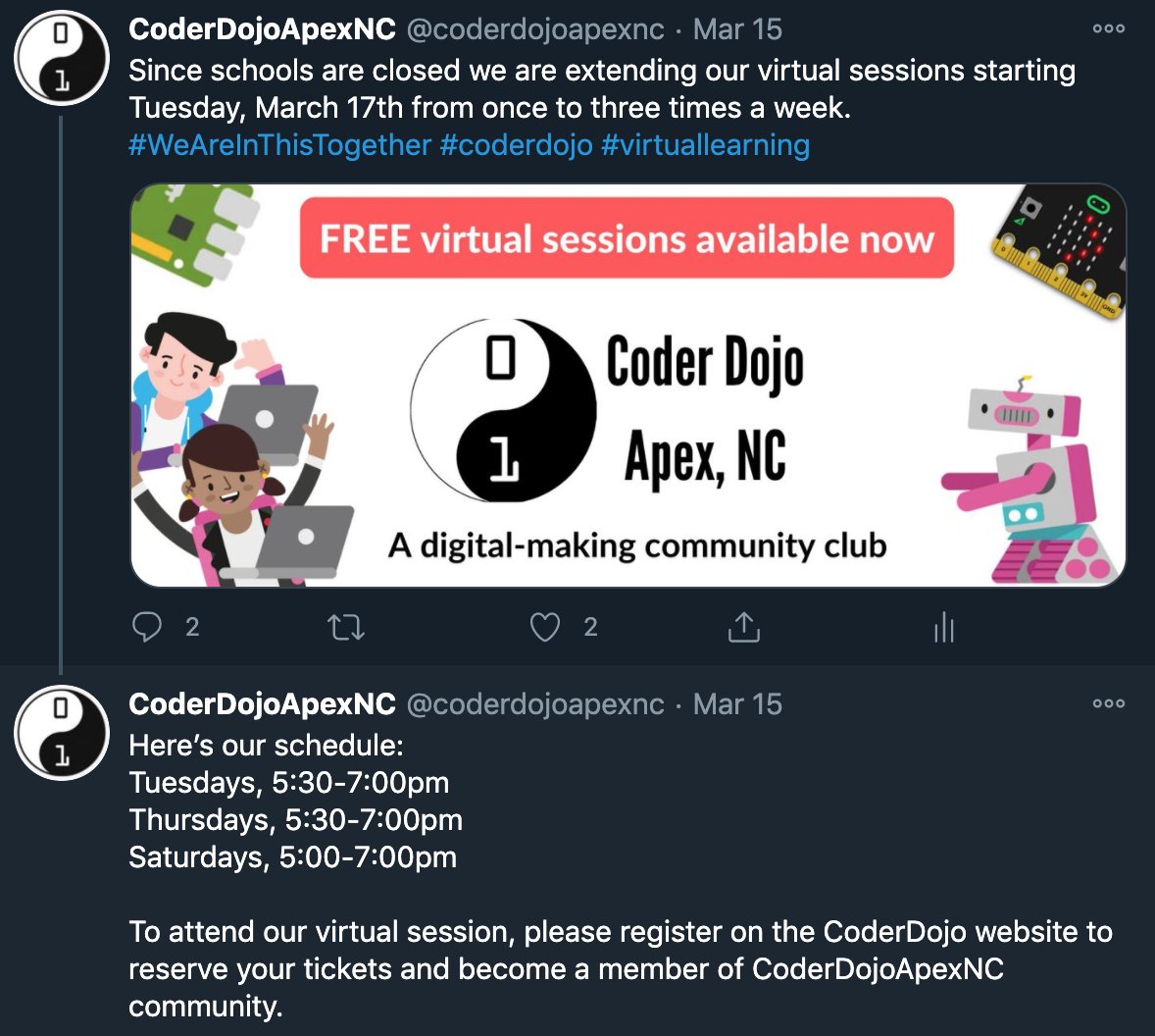 coderdojoapexnc's tweet image. 2/ Next week with a sense of what just was unfolding, we decided to host our sessions 3X/week (Yeah not a typo 🤔) to serve our young community who were suddenly home bound with school closures and no virtual learning in place yet.
