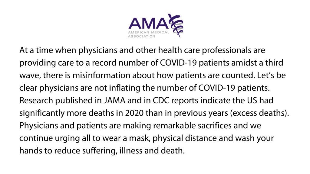 A simple, strong statement from the  @AmerMedicalAssn, the largest physician organization in the US:“Let’s be clear: physicians are not inflating the number of COVID-19 patients...”