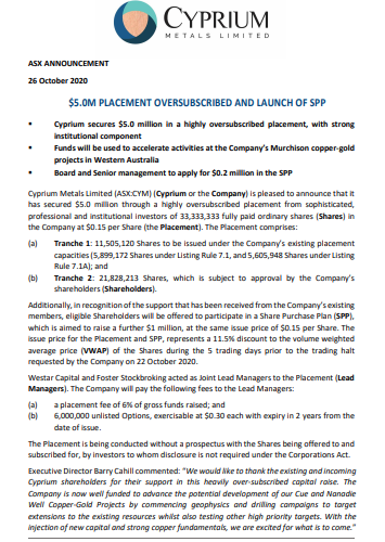CypriumMetals's tweet photo. We are pleased to announce that we have secured A$5m through a highly oversubscribed #placement with strong Institutional support. #Funds will accelerate activities at $CYM's Murchison #copper-#gold projects in #WA.
#ASXrelease: https://t.co/AoLdxIuf4F
#Equities #mining https://t.co/tsn5y49yPT