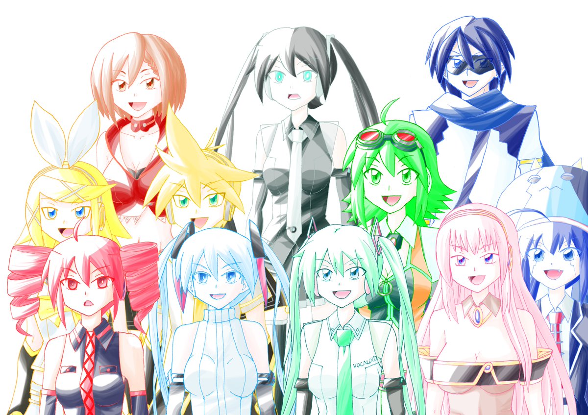 鷹村剣次 Twitterissa 最終回の表紙用に描いたイラストです 以前描いたミク生誕祭イラストに他のレギュラーキャラを加えた感じにしました おかげでミクが三人もいます 初音ミク 巡音ルカ 鏡音リン 鏡音レン Kaito Meiko Gumi 音街ウナ 重音テト