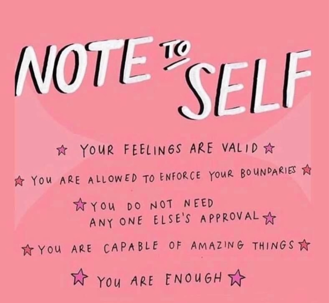 Pieceintopeace's tweet photo. Note to self

⭐Your feelings are VALID
⭐You are allowed to enforce boundaries.
⭐You don't need other people's approval
⭐You can do amazing things 
⭐You.. just as you are.. IS ENOUGH.

#mondaymotivation #pieceintopeace #positivemindset #positiveattitudealways #NoteToSelf https://t.co/bqwT7mnVaN
