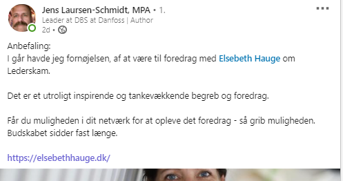 Elsebethhauge's tweet photo. Ét er at tilhørerne klapper, når et foredrag afsluttes.

Bedre er det at få beskeder efterfølgende - fra tilhørere, der føler sig beriget og udfordret på vanlige tanker. 

Men det mega-fedeste er når en tilhører træder ud i sit netværk og anbefaler foredraget til andre. 

Tak🙏💥 https://t.co/vOi9xKWYM5