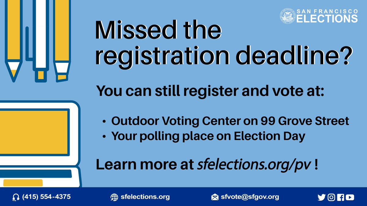 bcef's tweet photo. San Francisco Voters!! 8 days until the November 3 Election Day. Haven’t registered - no problem! Register in person at the open air socially distanced voting center in front of SF City Hall at Civic Center! Open EVERY DAY including weekends through Nov 3! #VoteSF @SFElections https://t.co/OvL5Mks00a