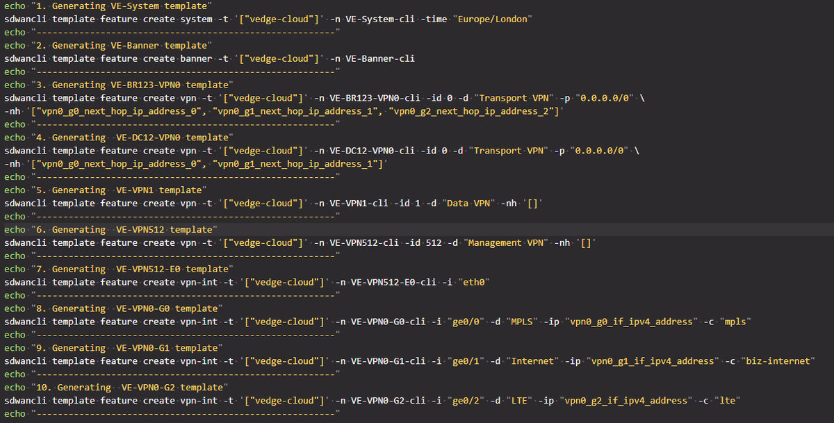 kimdoanh89's tweet photo. Lately, I rebuilt so many times the #SDWAN lab, then recreate the same templates again and again. So I continue with the #sdwancli to generate all basic templates: System, Banner, VPNs, VPN-INTs, put them in a bash file and generate all with a single command. 

#Python  #DevNet https://t.co/pyhFSeNbl7