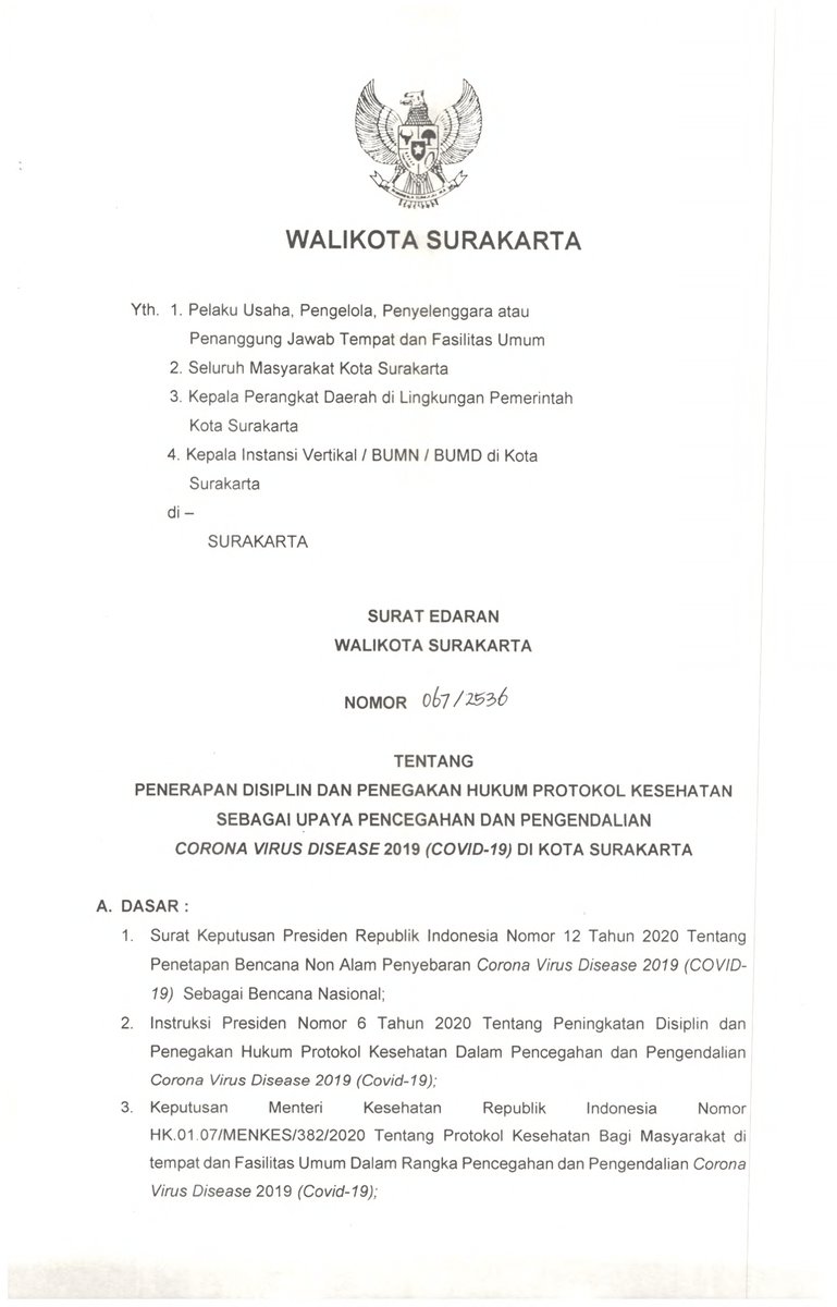 PEMKOT_SOLO's tweet photo. Berikut ini SE Wali Kota Surakarta No. 067/2536 Tentang Penerapan Disiplin dan Penegakan Hukum Protokol Kesehatan Sebagai Upaya Pencegahan dan Pengendalian Covid-19 di Kota Surakarta.

Info selengkapnya silahkan mengunjungi website : https://t.co/zd6Glhcisd https://t.co/yCjOjWjGak