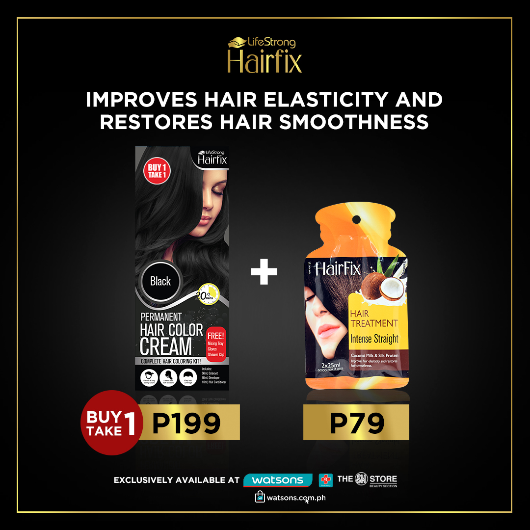 Enjoy your smooth, natural-looking hair with Hairfix pair-fect duo, Hairfix Permanent Hair Color Cream and Hairfix Hair Treatment Intense Straight!

Hairfix Permanent Hair Color Cream, Buy 1 Take - ₱199.00
Hairfix Hair Treatment Intense Straight 2x25ml - ₱79.00