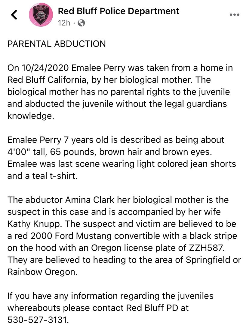 NiccizNicci's tweet image. My 7 year old cousin was abducted yesterday from #RedBluffCA by her biological mother,(doesn’t have custody,hasn’t seen her in over a year),Amina Clark, and her wife Kathy Lyn Knupp.They may be headed for #SpringfieldOR or #RainbowOR. #MissingChild #BringEmaleeHome