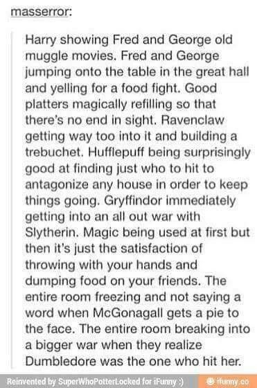 MuggleNet's tweet photo. Dumbledore hitting McGonagall with a pie. Now this is something we NEED to see! https://t.co/fVKngDzgb8