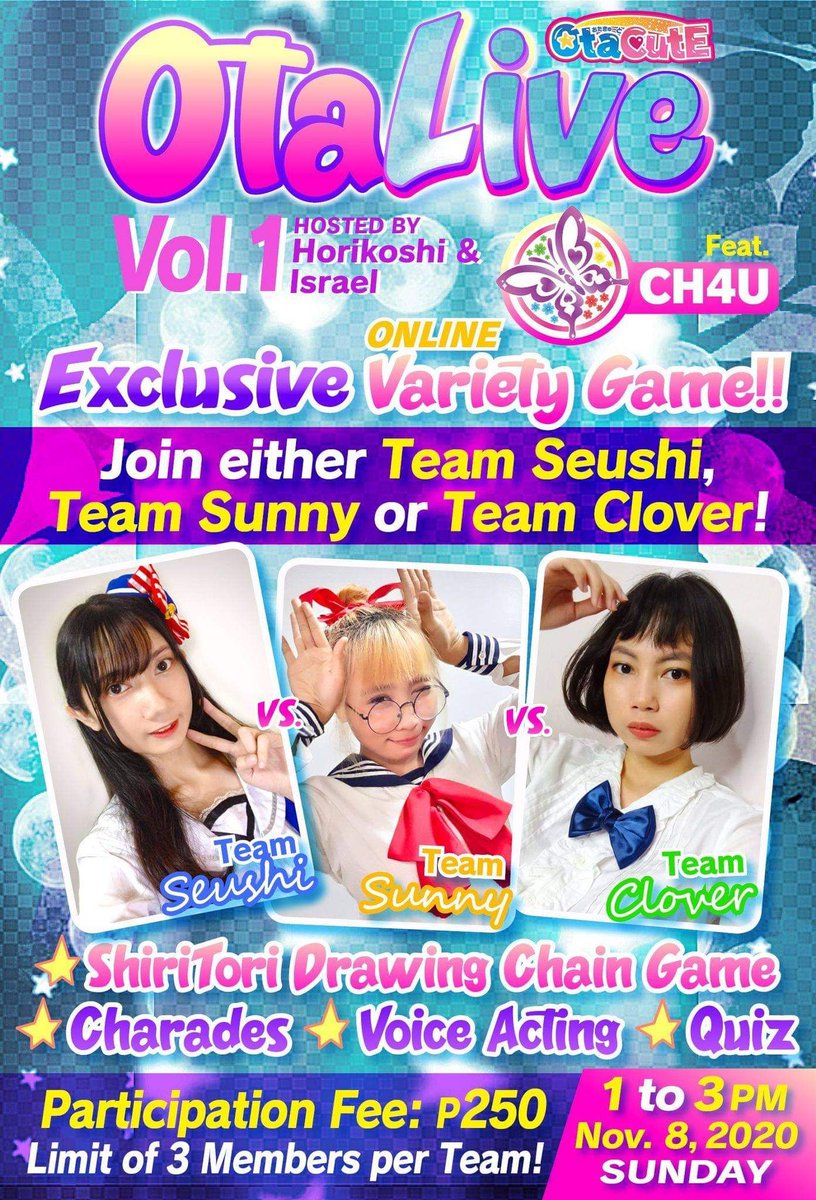 otacutedao's tweet photo. Have fun playing and interacting with your kami-oshi here at OtaLive Vol. 1 featuring Philippine Indie Idol Group CH4U !
Limited to 9 slots only so hurry and secure your slots !
How to Join and Registration Form:
πhttps://t.co/9lJwGoAuvE
#otacute #otalive #ch4u #aidoru https://t.co/UZwDr9tyFV