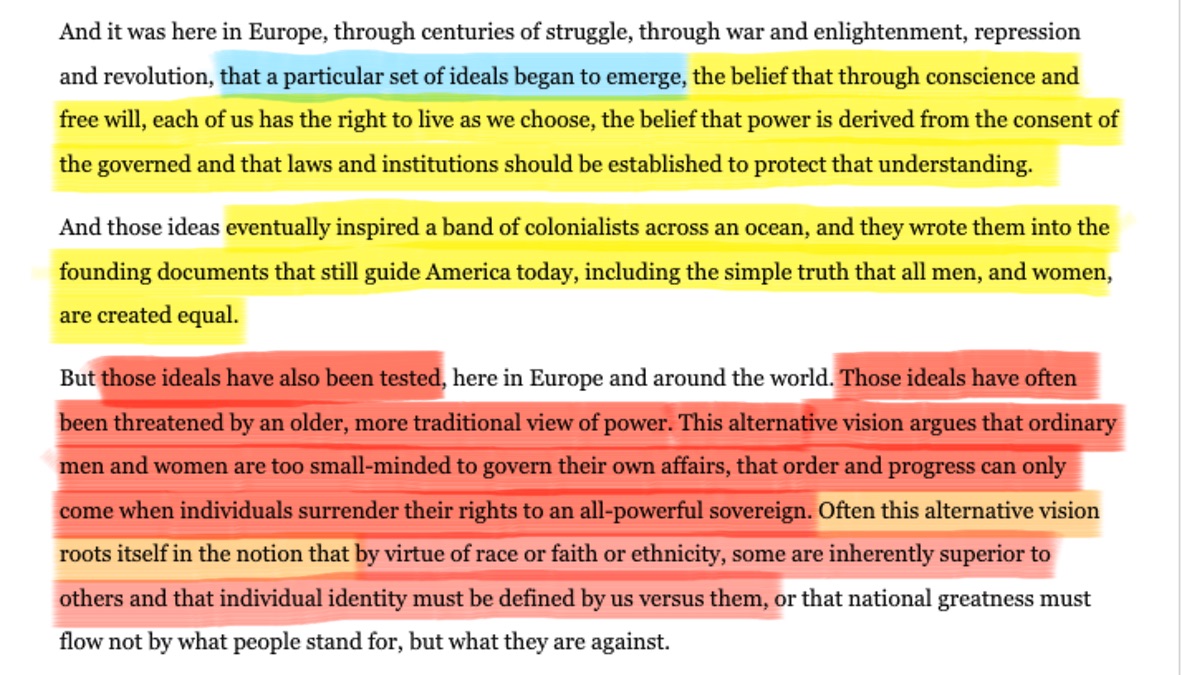 @Rustybert2 @Presley48R @Beachbuds386 @BarackObama @RudyGiuliani @realDonaldTrump @foxandfriends @TuckerCarlson @seanhannity @RealRLimbaugh I rarely speak on things unless I'm stone cold certain of them. Here's the actual transcript of that section of the speech. Read the red area most carefully. -VJ