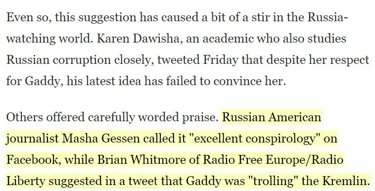 50\\When the WP reporter asked other Russian experts about Gaddy’s argument, they were skeptical. You can tell by the tone of their comments they were attempting to be respectful; however, a few slipped into ridicule.