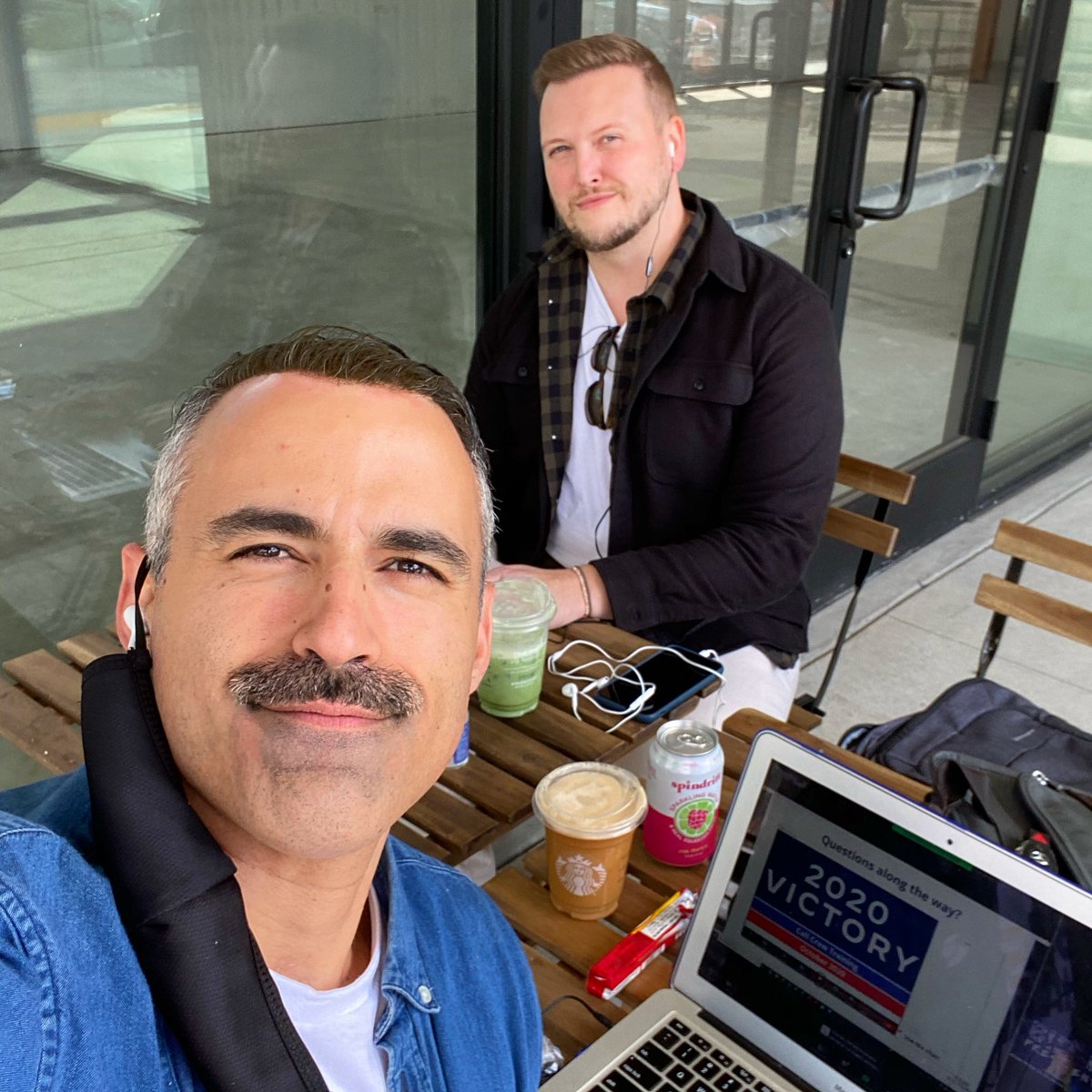 This afternoon, my  @StonewallDemsLA colleague  @jonathanbwelch and I settled in on a Starbucks outdoor patio and spent a few hours making calls to Florida for Joe Biden. As we we wrapped up, we noticed a man on the corner across the street waving a Trump/Pence sign to passersby.