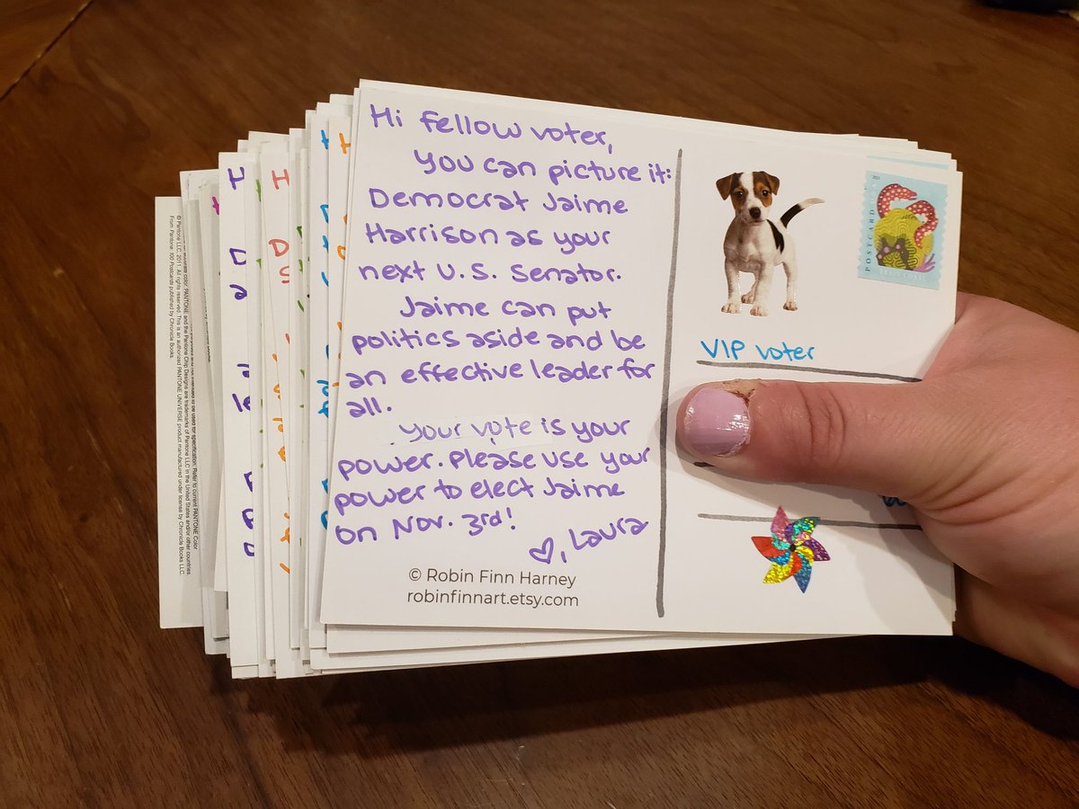 This weekend's stack of #PostcardsToVoters, going in the mail tomorrow morning! For @harrisonjaime, @SenatorMetzger, @HillaryScholten, @GoodforFlorida, and @RepFinkenauer.