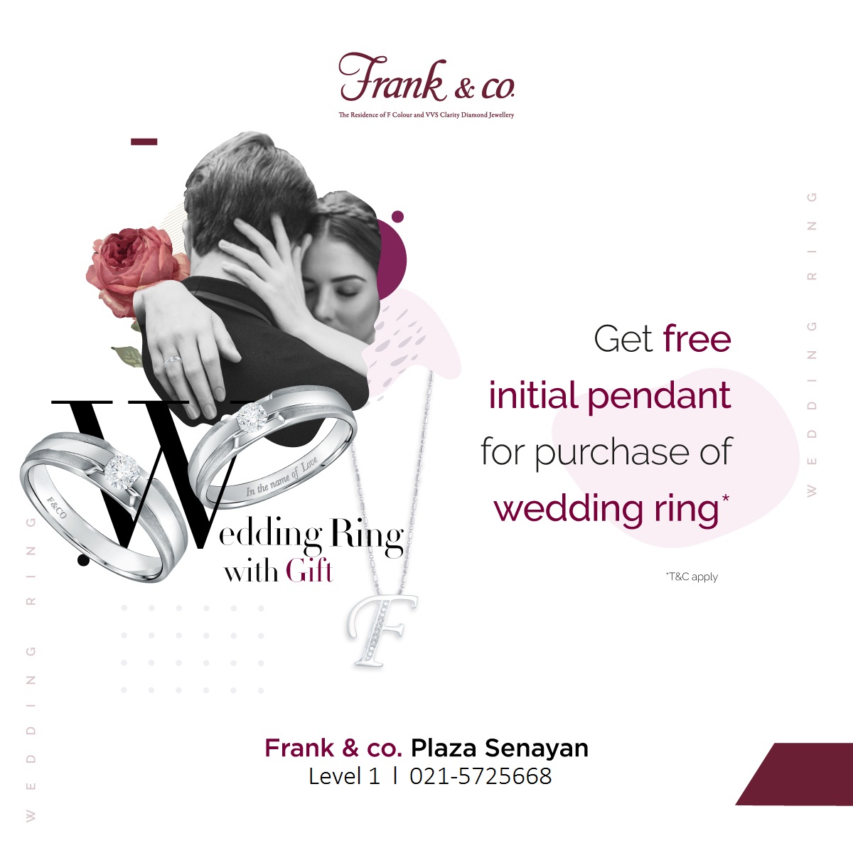 PlazaSenayan's tweet photo. Discover many exuberant designs of wedding ring and get free initial pendant for every purchase of wedding ring only at Frank &amp; co. Plaza Senayan Level 1.⁣
⁣
#FrankNCo #StayTrue #WeddingRing #DiamondRing #SayItWithDiamond⁣ https://t.co/AAwwfzmHXR