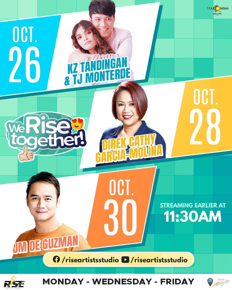StarCinema's tweet photo. "NEW" things are coming for #WeRiseTogether this week!

Catch the newly weds KZ Tandingan and TJ Monterde today. Our blockbuster director Cathy Garcia-Molina on Wednesday. And our #UTurn star JM De Guzman on Friday! https://t.co/8Uvr1EBz1M