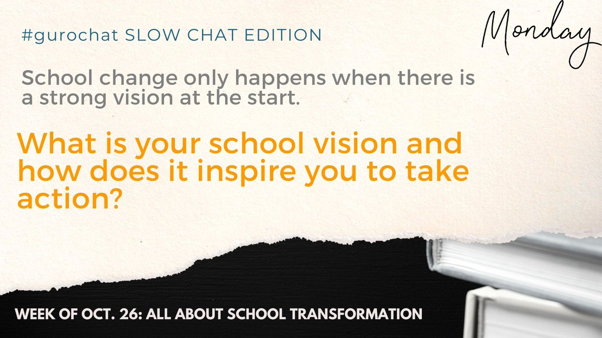 gtech_guru's tweet photo. Welcome to #gurochat Slow Chat Edition. This week is all about school transformation. Tag your school administrators! Our Monday question is up! What is your school vision and how does it inspire you to take action? @_marymanzano #GoogleEI https://t.co/5Z56OA8muC