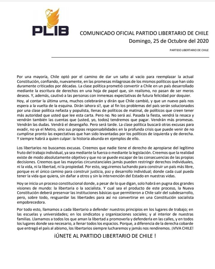 plibcl's tweet photo. Comunicado Oficial de la Directiva Nacional a propósito de los resultados del #Plebiscito2020 

#Loslibertarios https://t.co/DepIwTPjd8