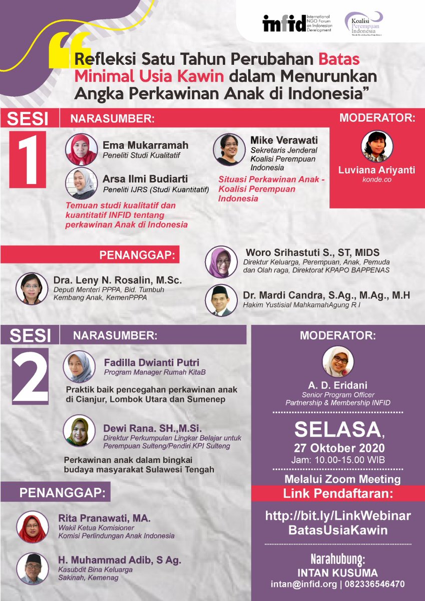 womencoalition's tweet image. Selamat pagi ..
Selamat Hari Senin. 
Jangan lupa besok ikutan webinar yang diselenggarakan Koalisi Perempuan Indonesia dan INFID . 
Silahkan langsung klik bit.ly/LinkWebinarBat…
#CegahPerkawinanAnak
#Bukan16Tapi19