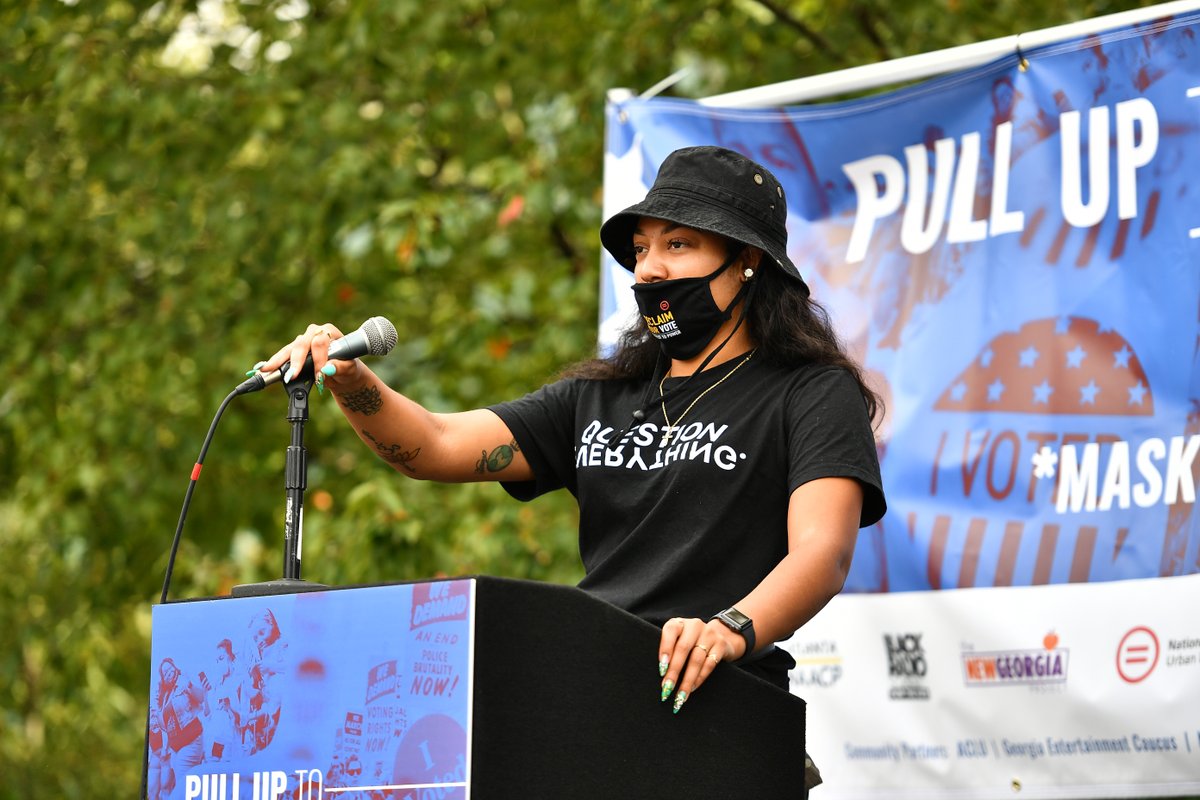 tvonetv's tweet photo. Singer @therealQparker speaks onstage during Pull Up To The Polls at Russell Center for Innovation and Entrepreneurship in Atlanta, Georgia. #Vote2020 #Election2020 https://t.co/phVTR42ReL