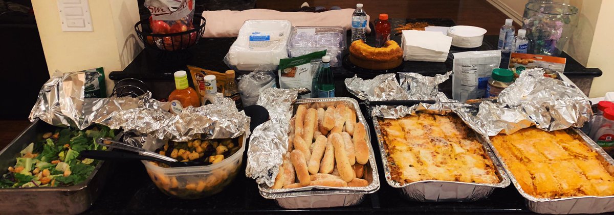 Another team Sunday Supper; turkey lasagna, spinach and turkey lasagna, garlic breadsticks, green salad, fruit salad, Louisiana crunch cake, and Gatorade. It’s Sunday. A family has to eat. #OneTyler #WE #ConstructionKrew 2.0
