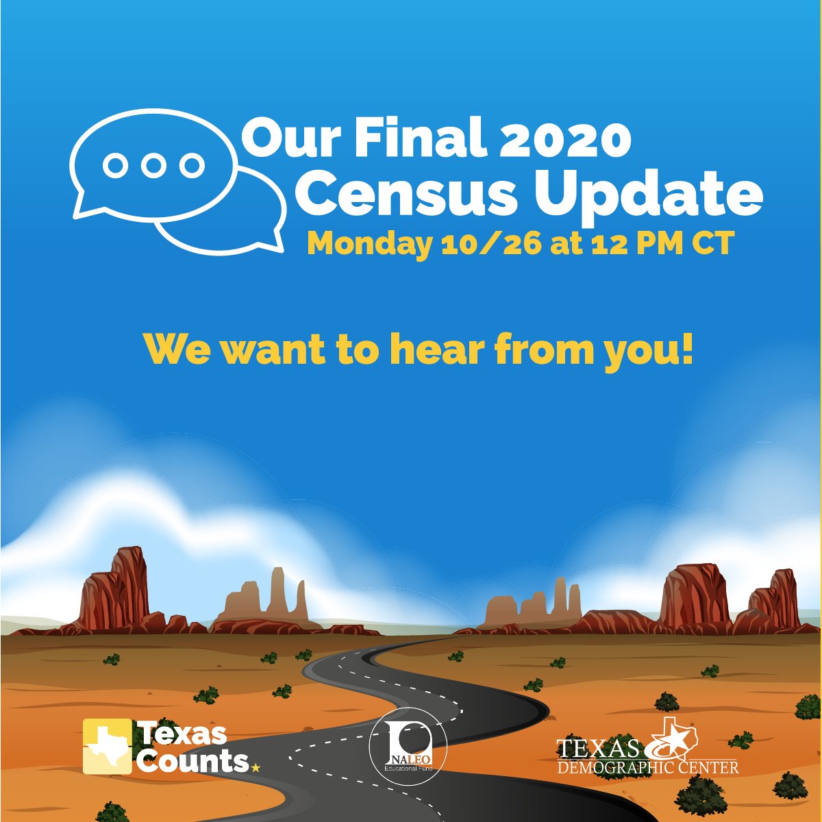 TexasCounts's tweet image. Many of you Census Champions have been with us since the beginning, and your efforts have had a lasting impact on the future of Texas. We really, really hope you join us one last time on Monday 10/26 at noon so we can thank you LIVE! Join: us02web.zoom.us/webinar/regist…