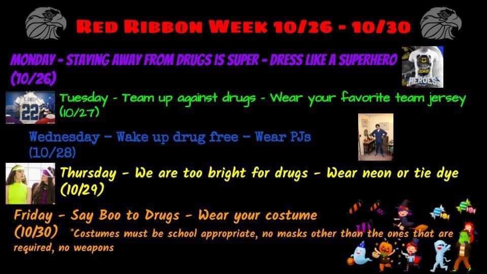 Here’s the FMS Red Ribbon Week schedule. We can’t wait to see your Falcon spirit! Remember we to submit your pictures for the Yearbook!