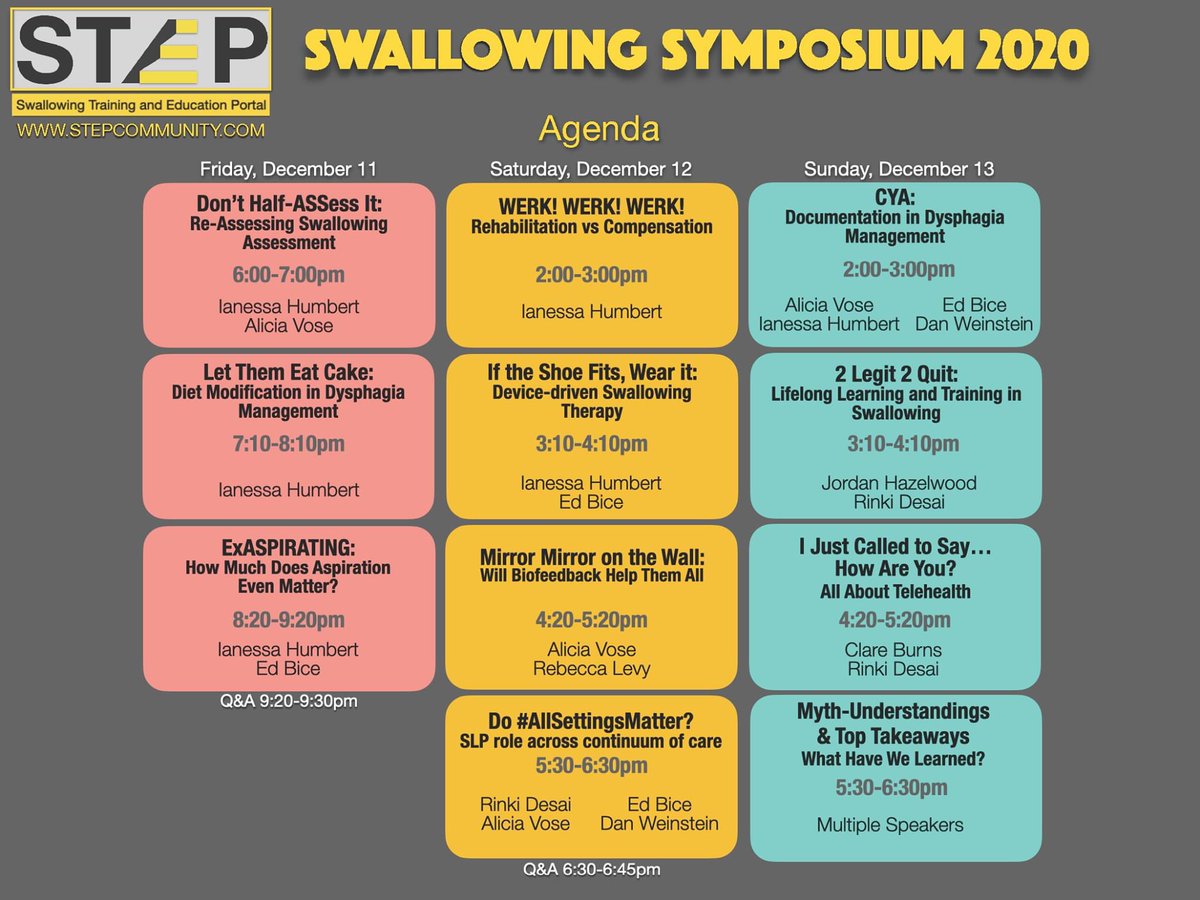 Check out the exciting agenda we have planned for you #slpeeps. Practical takeaways &amp; insights from a lineup of expert speakers, over 3 days of learning &amp; fun. Register here ($30 for 11 hours of education): stepcommunity.com/pages/symposiu…

#stepsymposium2020 #slp2b #swallowing #dysphagia